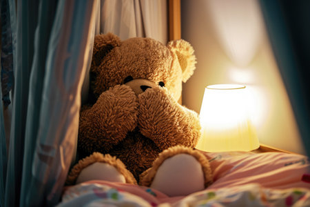 Teddy bear sitting on the bed in the bedroom at night.の素材