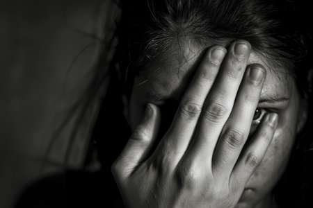 Closeup portrait of a sad woman crying, black and white toneの素材
