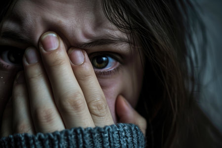Closeup portrait of a scared young woman covering her face with her handsの素材