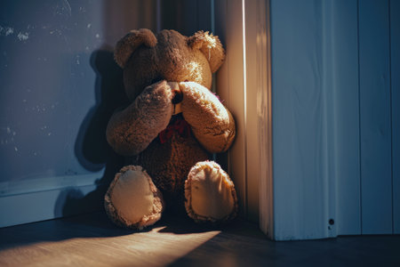 Teddy bear sitting on a wooden floor in front of a doorの素材