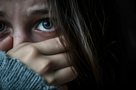 Portrait of a girl in a sweater covering her face with her handsの素材