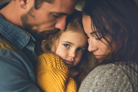 Young family with little daughter at home. Mother, father and daughter together.の素材
