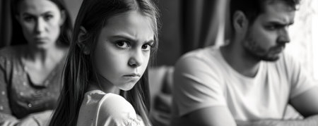 Portrait of upset little girl looking at camera while her parents are sitting in the backgroundの素材