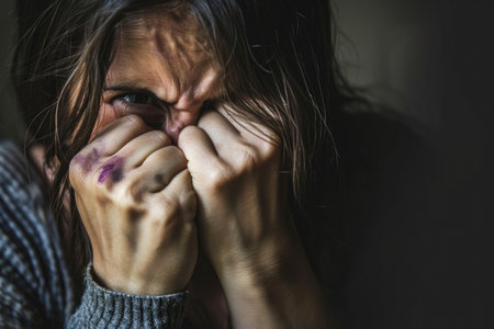 Depressed woman crying and covering her face with her hands, domestic violence conceptの素材