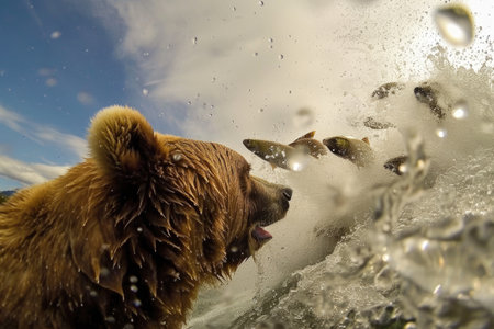 Brown bear swims in the water with a catch of fish.の素材