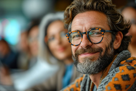 Portrait of a smiling senior man with glasses in front of his friendsの素材