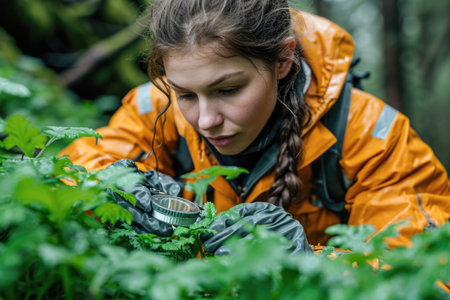 A young woman in a yellow jacket is looking at the plants in the forest.の素材