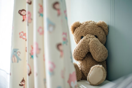 Teddy bear sitting on the windowsill in the children's room.の素材