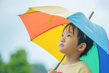 cute asian child girl holding colorful umbrella in rainy day.の素材