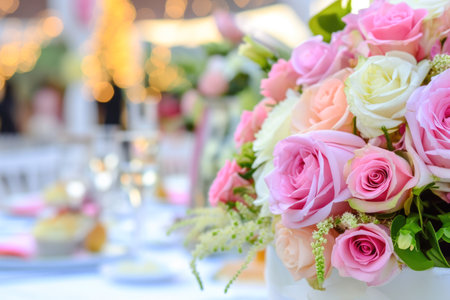 Wedding table setting with flowers in pink and white color.の素材