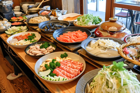 Traditional Japanese sashimi set on display in a restaurantの素材