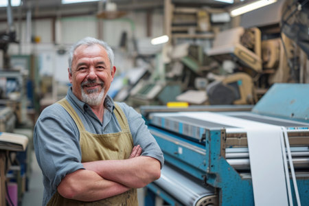Portrait of happy senior man standing with arms crossed in industrial factoryの素材
