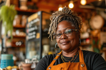 Portrait of a smiling African-American woman in a coffee shopの素材