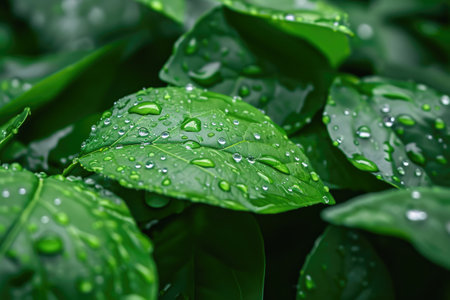 Close up of green leaf with water droplets. Nature background.の素材