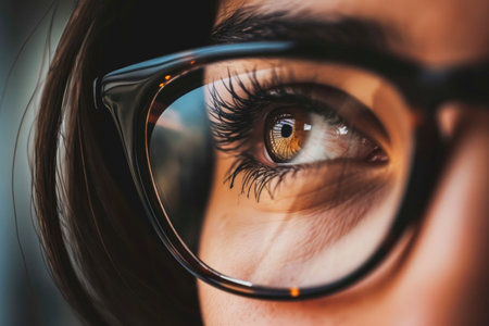 Close-up of a woman's eye with glasses. Selective focus.の素材