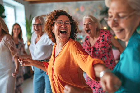 Cheerful senior woman dancing with her friends. Group of friends having fun together.の素材