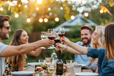 Group of friends toasting with glasses of red wine at dinner partyの素材