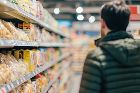 Blurred image of a man shopping for food in the supermarket.の素材