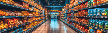 Panoramic view of a supermarket aisle filled with food products.の素材