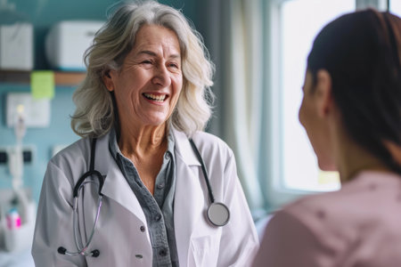 Portrait of senior woman with stethoscope talking to doctor in hospitalの素材