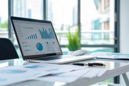 Laptop with financial charts and graphs on the table in the officeの素材