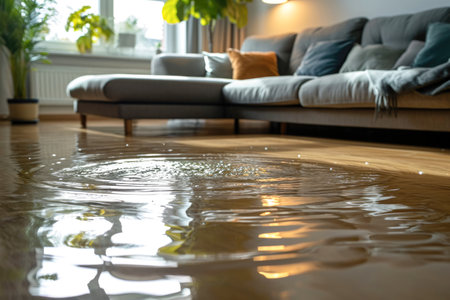 Flooded living room with sofa and coffee table, closeupの素材