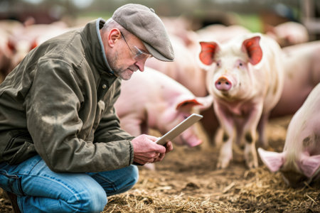 Senior farmer with tablet computer standing near pigs on farm. Focus on manの素材