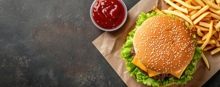 Hamburger with french fries and ketchup on dark background, top viewの素材