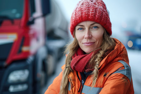 Portrait of a woman in winter clothes on the background of a red truckの素材