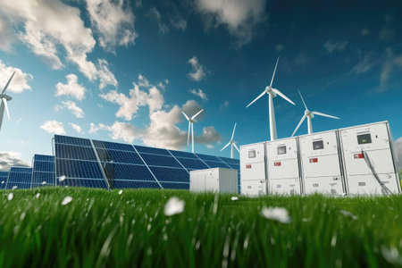Solar panels and wind turbines in green field. 3D rendering.の素材