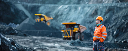 Coal miner at work in an open pit. Panorama.の素材