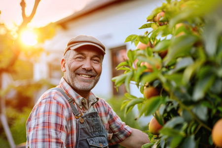 Portrait of a happy senior man gardening in his garden at sunsetの素材