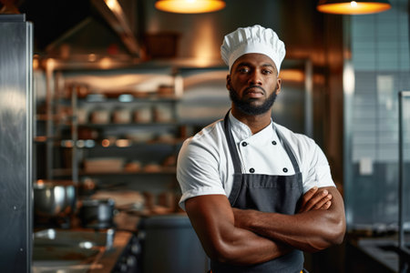 Confident African-American male chef standing with arms crossed in restaurant kitchenの素材