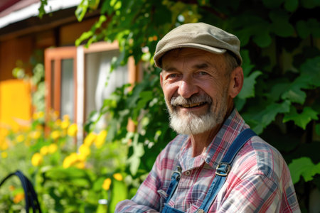 Portrait of a senior man standing in his garden on a sunny dayの素材