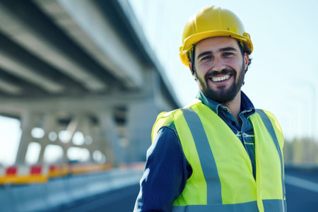 Portrait of a smiling construction worker standing on the highway under a bridgeの素材