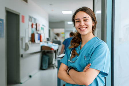 Portrait of smiling nurse standing with arms crossed in corridor of hospitalの素材