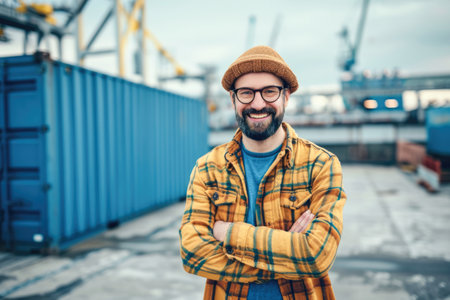 Portrait of a smiling man in a hat and glasses standing with his arms crossed against the background of a container terminalの素材