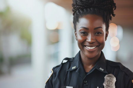 Portrait of a smiling female police officer standing in a street.の素材