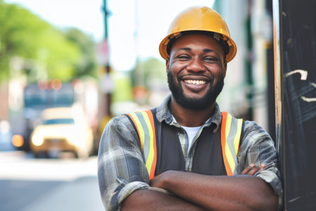 Portrait of happy african american worker with arms crossed at construction siteの素材