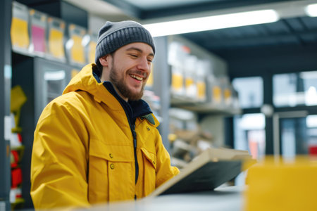 Young man in yellow jacket and hat working in warehouse. He is standing and smiling.の素材