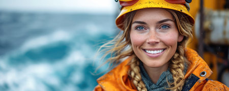 Portrait of a female worker in a construction helmet on the background of the sea.の素材