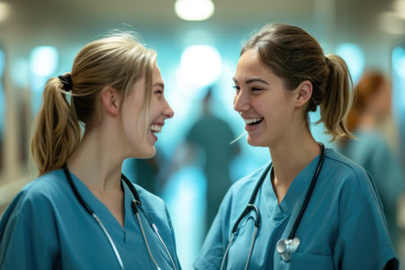 Portrait of smiling female doctors looking at each other in hospital corridorの素材
