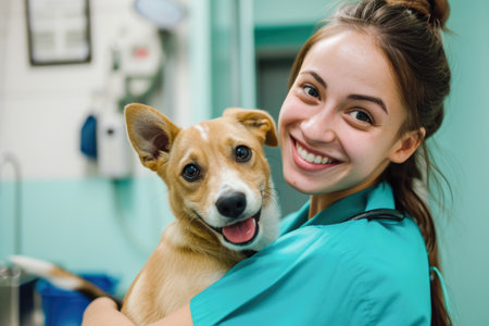 Portrait of a smiling female veterinarian with a dog in a veterinary clinicの素材