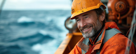 Portrait of a smiling worker of offshore vessel or shipの素材
