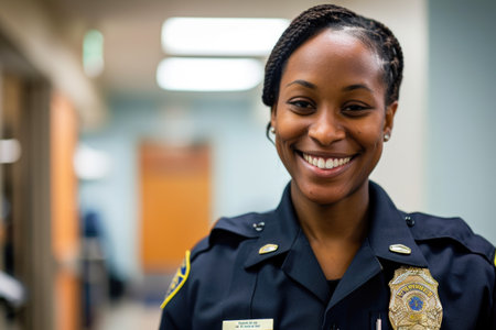 Portrait of smiling african american female police officer in hospital corridorの素材