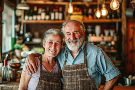 Portrait of senior couple looking at camera while standing in coffee shopの素材