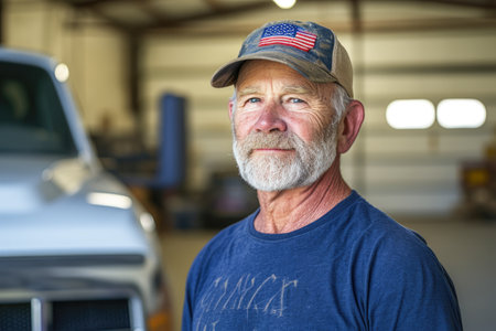 Portrait of senior man with cap and cap in auto repair shopの素材