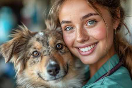 Portrait of a beautiful young veterinarian with a dog in her armsの素材