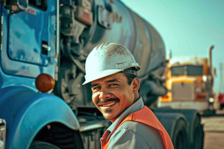 Portrait of smiling male worker wearing safety helmet and uniform standing by truckの素材