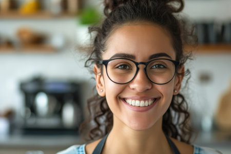 Portrait of a smiling young woman with eyeglasses in the kitchenの素材
